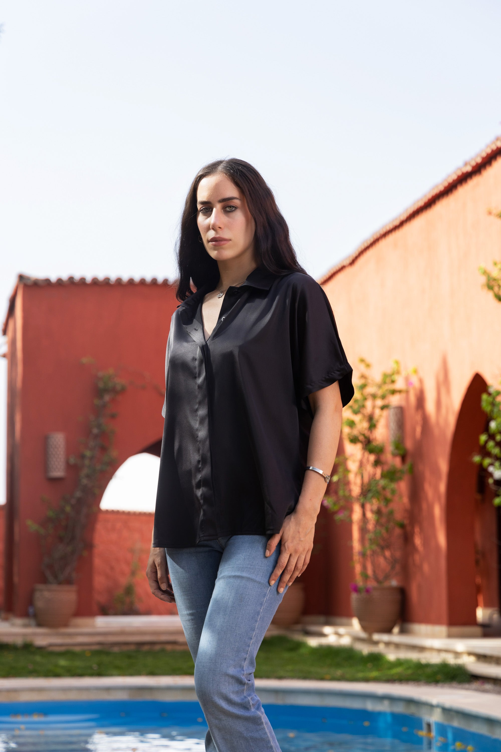 Image of Black Shine On Satin Blouse